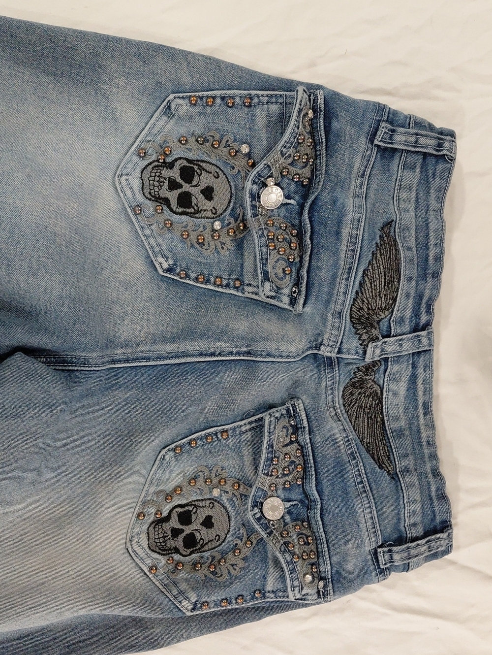 Light Blue Embroidered Skull & Wing Boot Cut Jeans - Unbranded